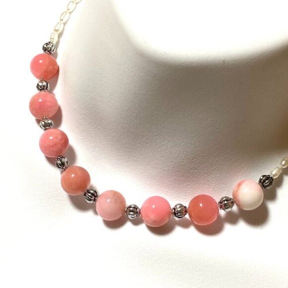 Beaded Dyed Pink Agate & White Freshwater Pearl Adjustable Choker
